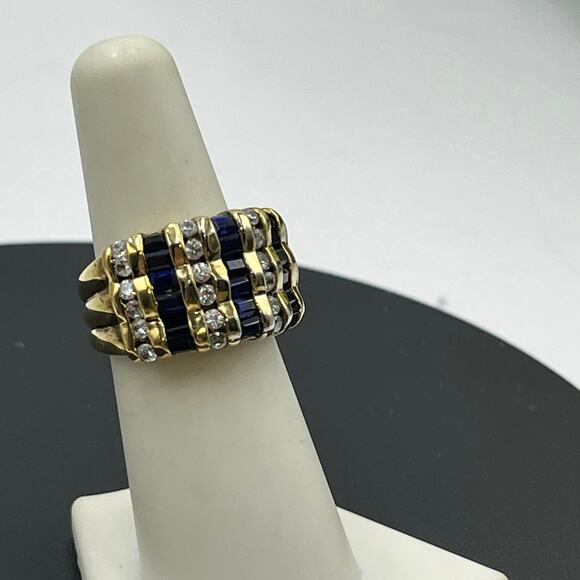 Simulated Sapphire Baguette Cubic Zirconia 14K Gold Plated Channel Ring 925 6.5 - Picture 1 of 10